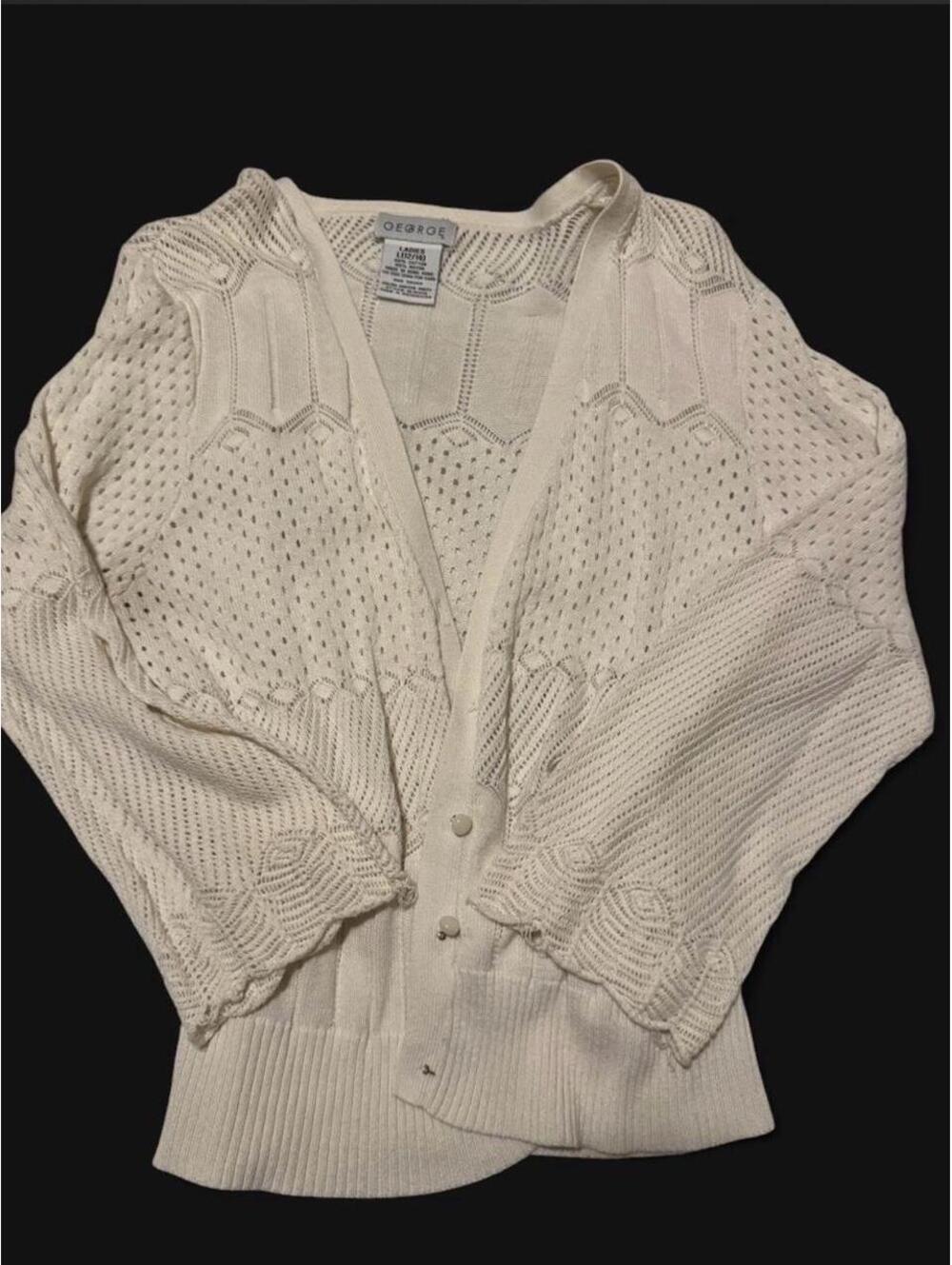 Vintage Cream Pointelle Knit Cardigan Sweater Lace Trim - Size L [COPY]